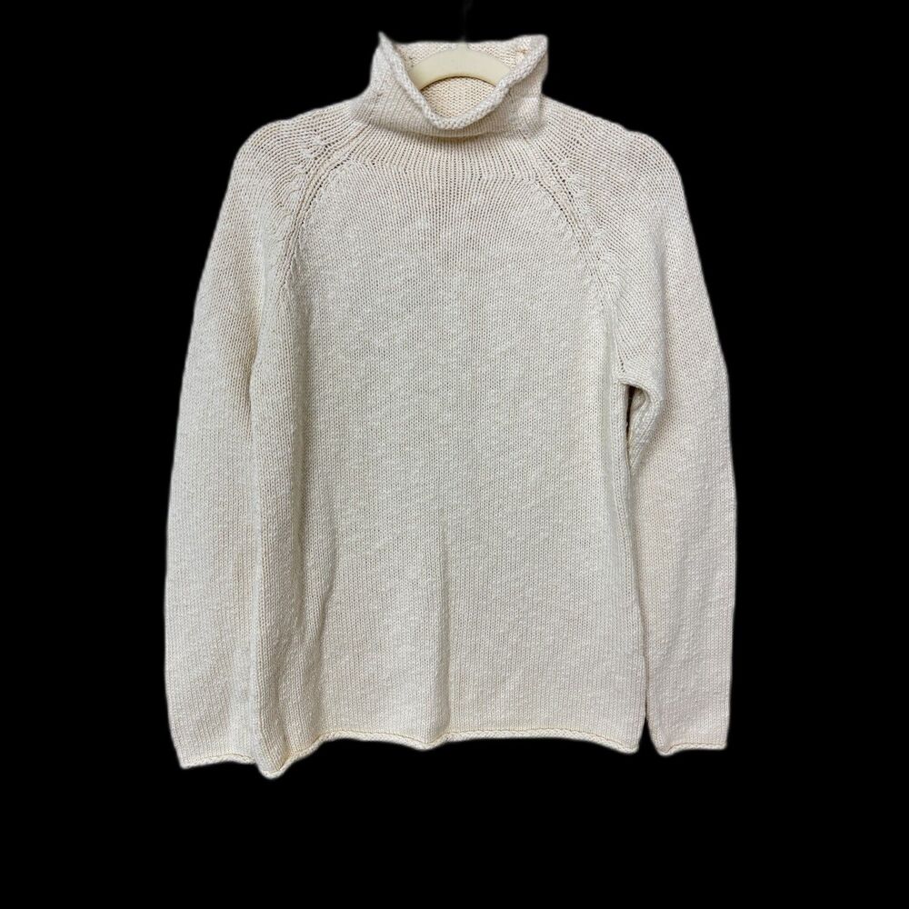 LL Bean Cottage Cotton Roll Neck Sweater Womens M Textured Ivory Minimalist